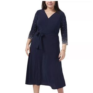 Woman PLUS MSK Navy Beaded Fit & Flare Stretch V-neck Dress midi dress 1X New